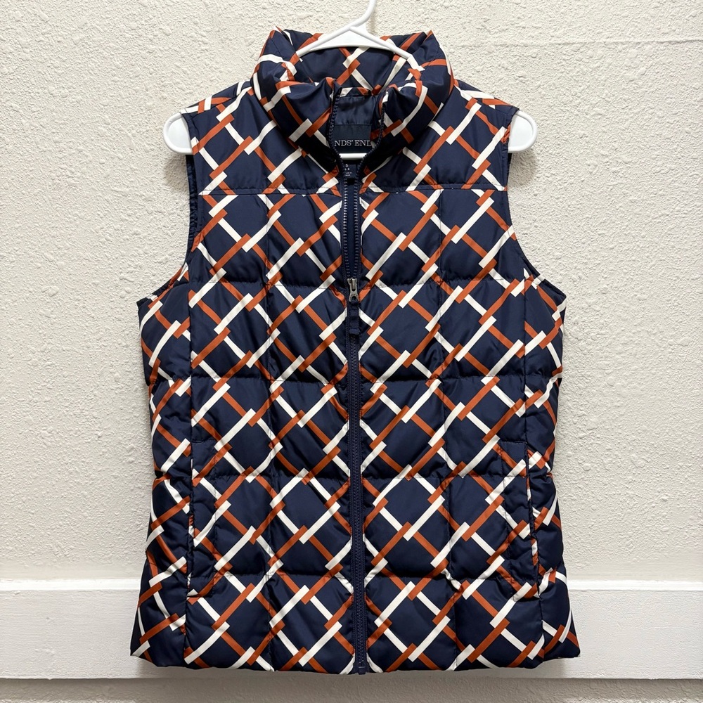 Lands' End Navy and Rust Orange Geometric Link Pattern Puffer Vest Size Small